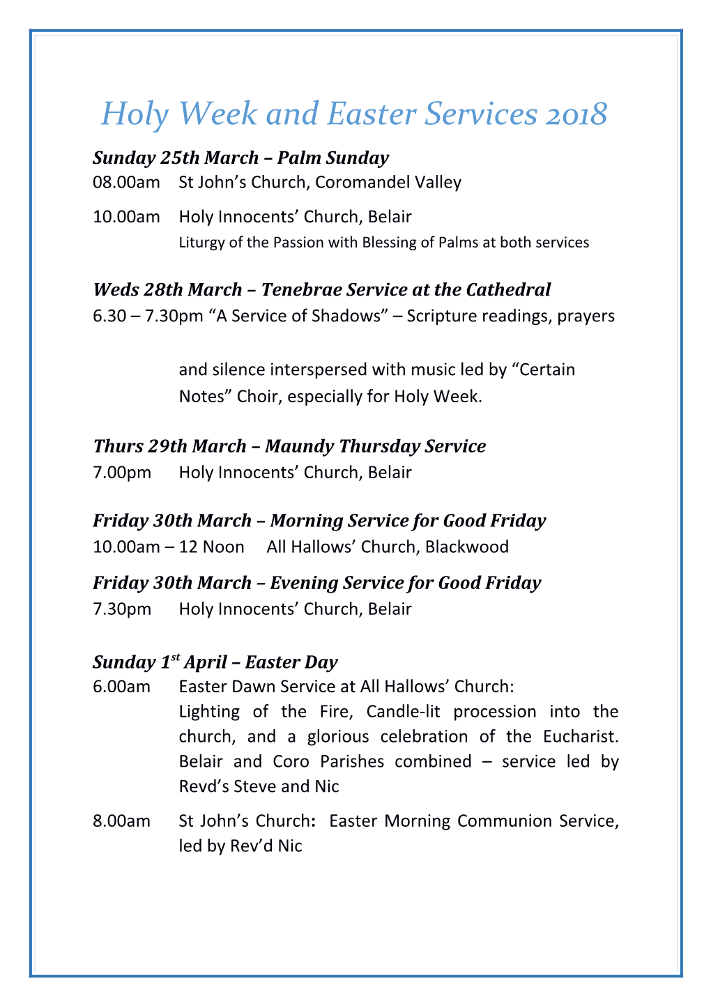 Holy Week and Easter Services 2018