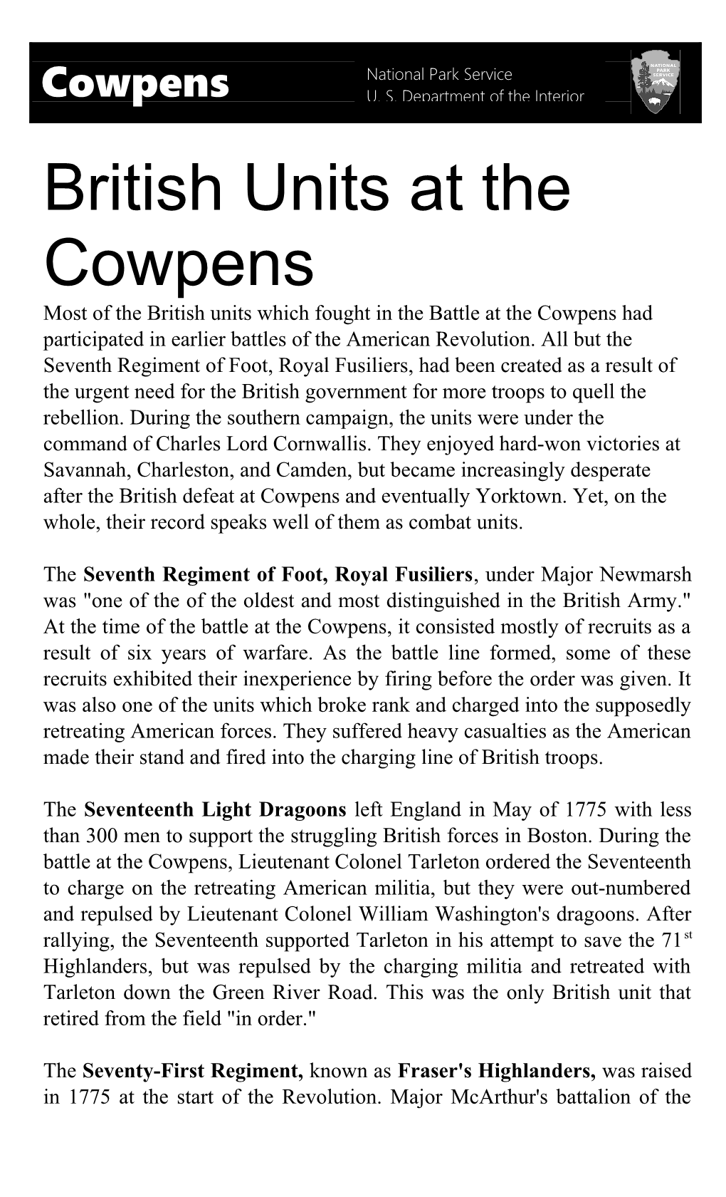 British Units at the Cowpens