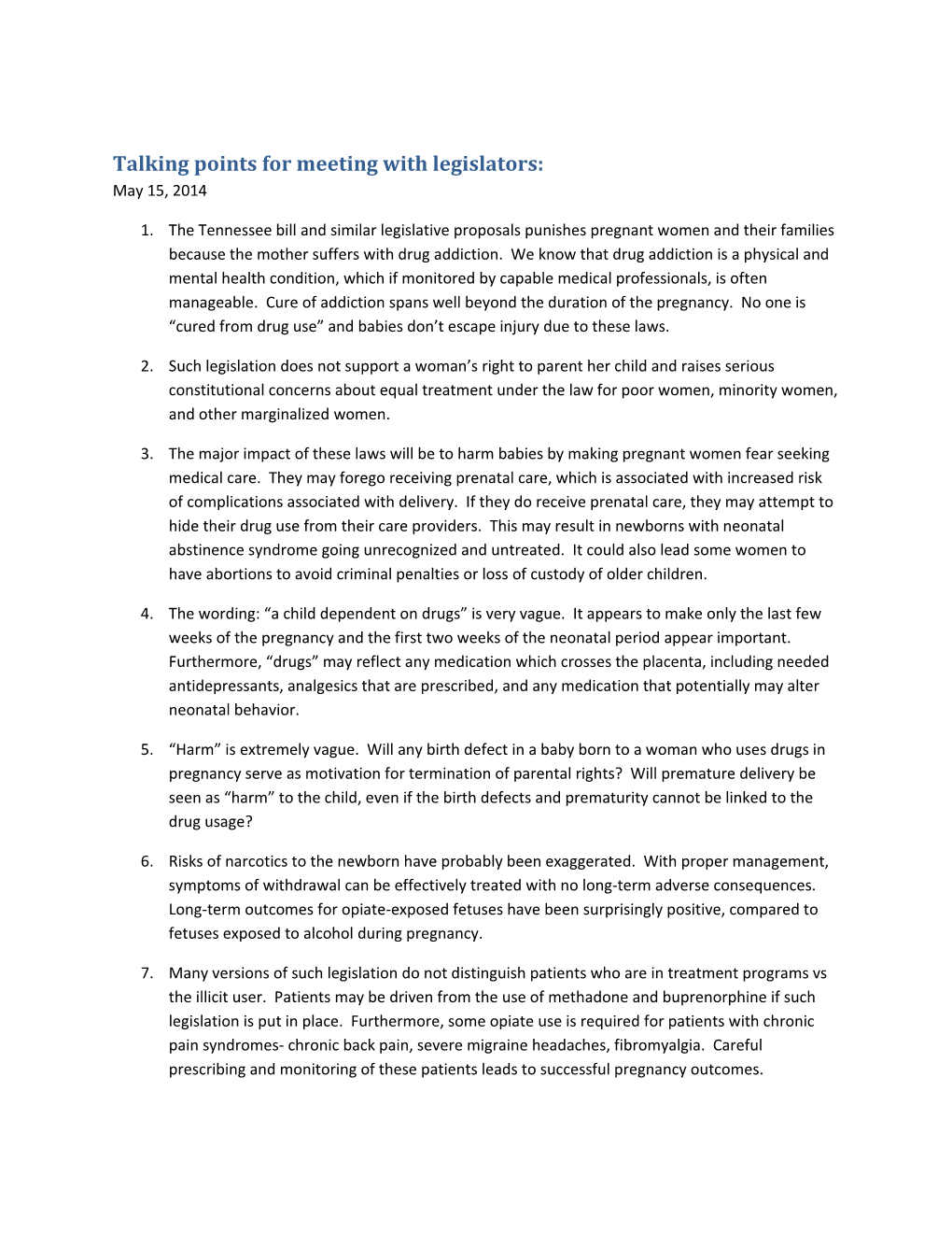 Talking Points for Meeting with Legislators