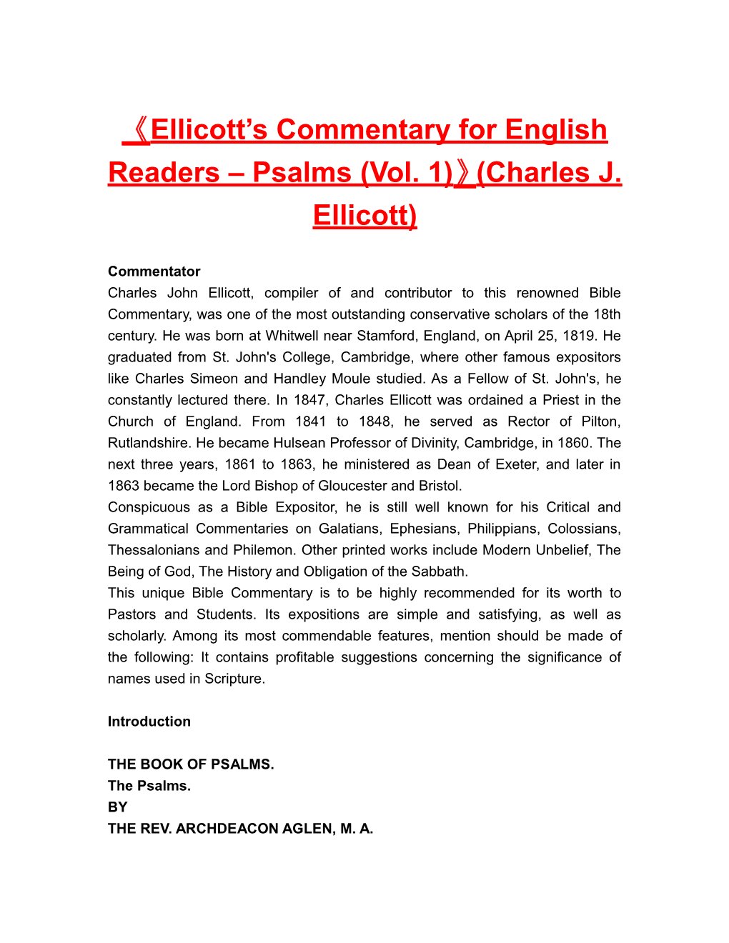 Ellicott S Commentary for English Readers Psalms (Vol. 1) (Charles J. Ellicott)