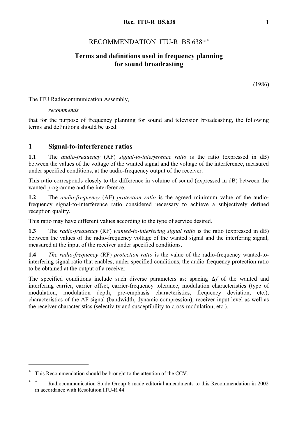 RECOMMENDATION ITU-R BS.638*, - Terms and Definitions Used in Frequency Planning for Sound