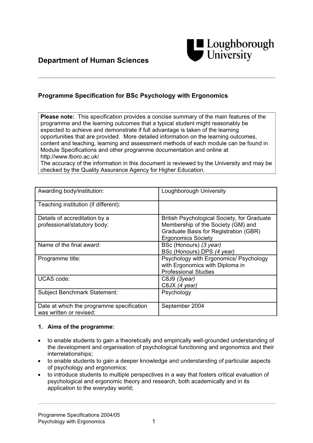 Programme Specification for Bsc Psychology with Ergonomics