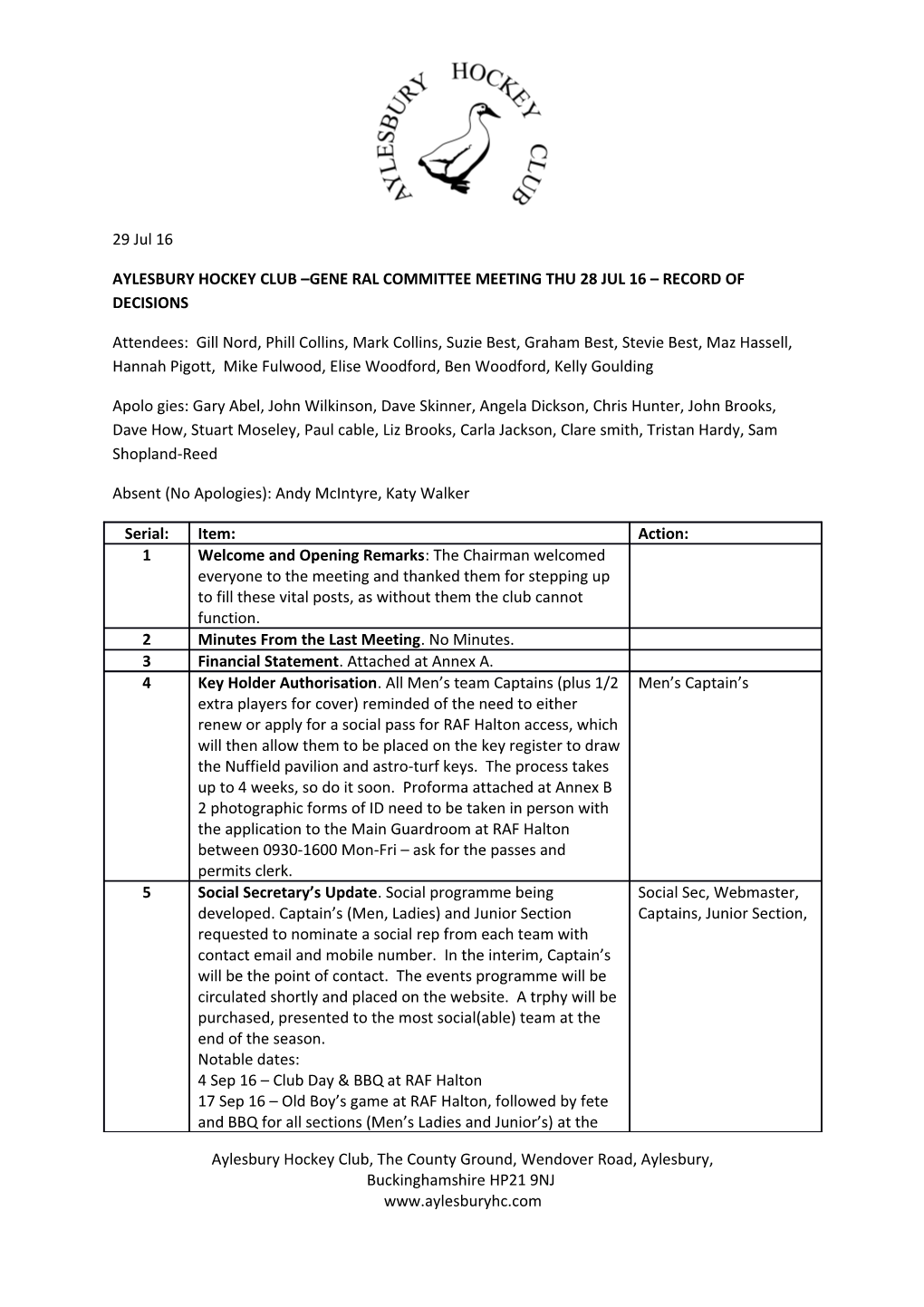 Aylesbury Hockey Club Gene Ral Committee Meeting Thu 28 Jul 16 Record of Decisions