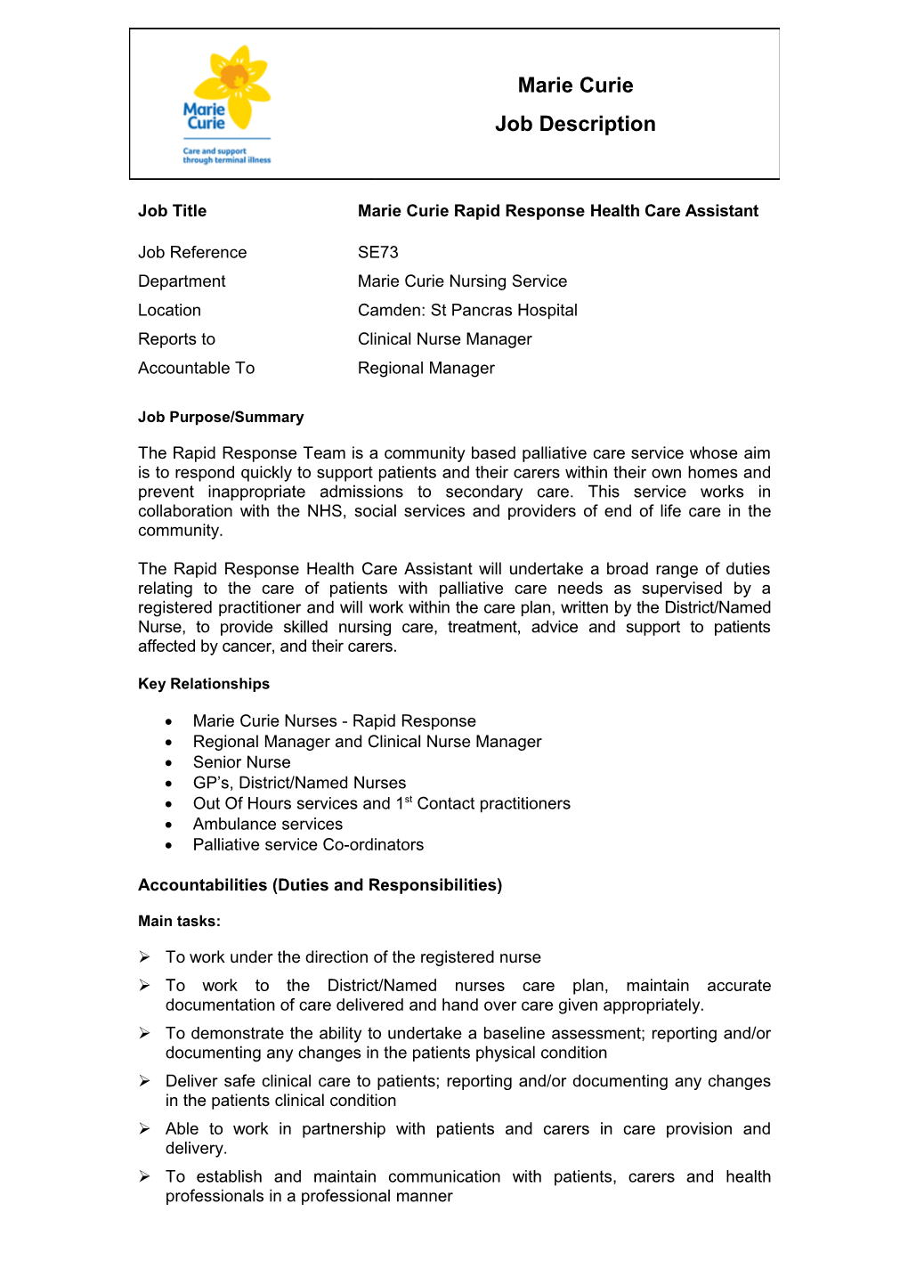 Job Titlemarie Curie Rapid Response Health Care Assistant