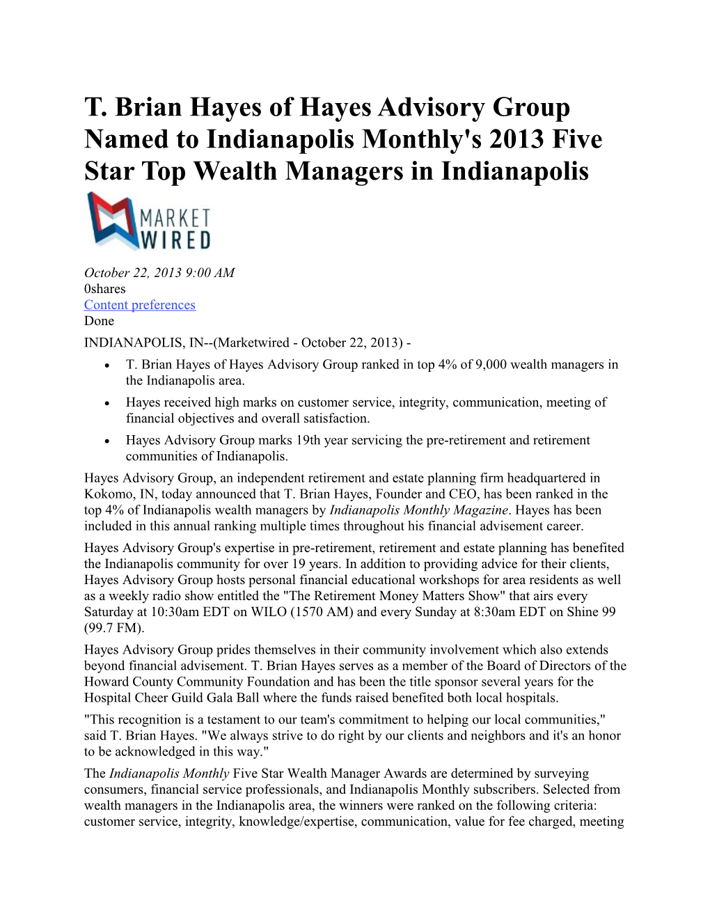T. Brian Hayes of Hayes Advisory Group Named to Indianapolis Monthly's 2013 Five Star