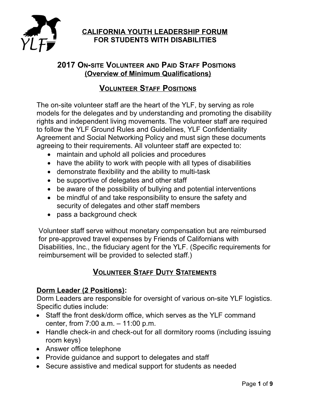 2017On-Site Volunteer and Paid Staff Positions