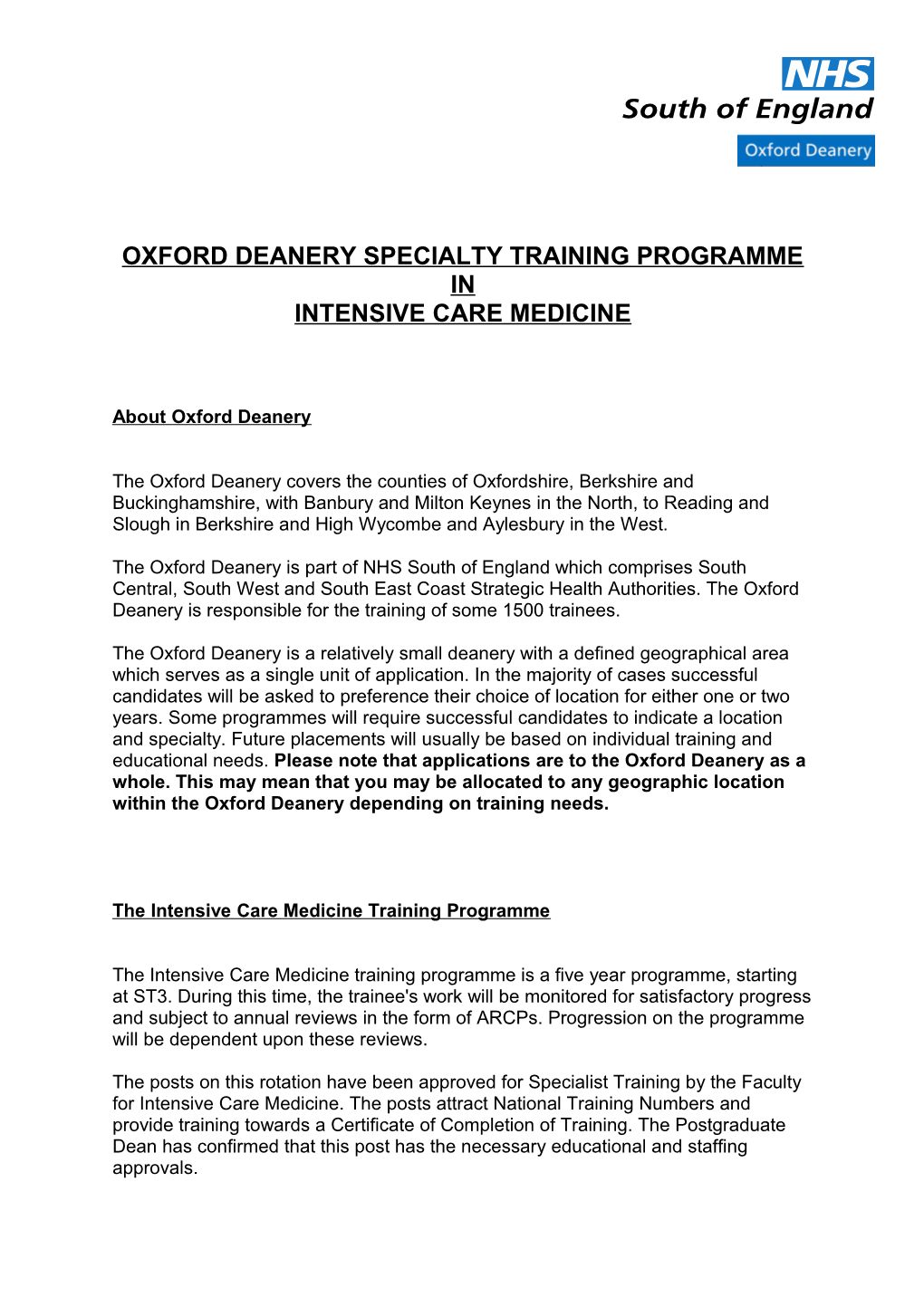 Oxford Deanery Specialty Training Programme In
