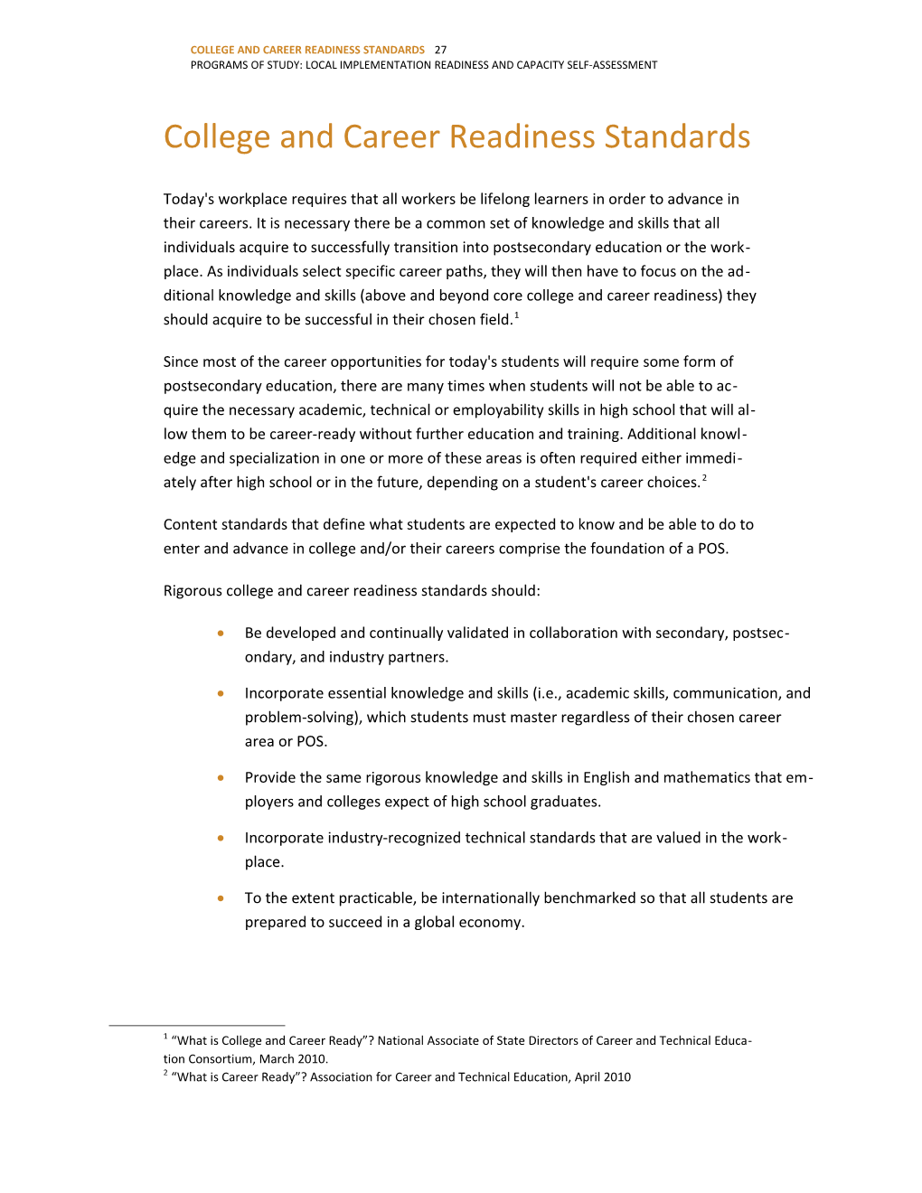College and Career Readiness Standards