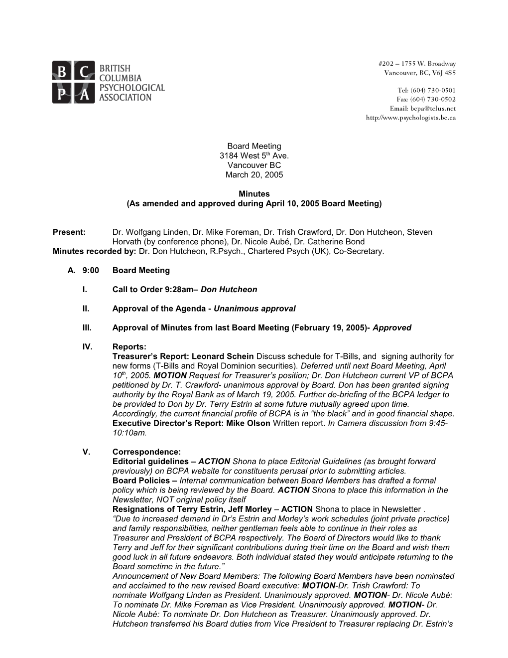 As Amended and Approved During April 10, 2005 Board Meeting