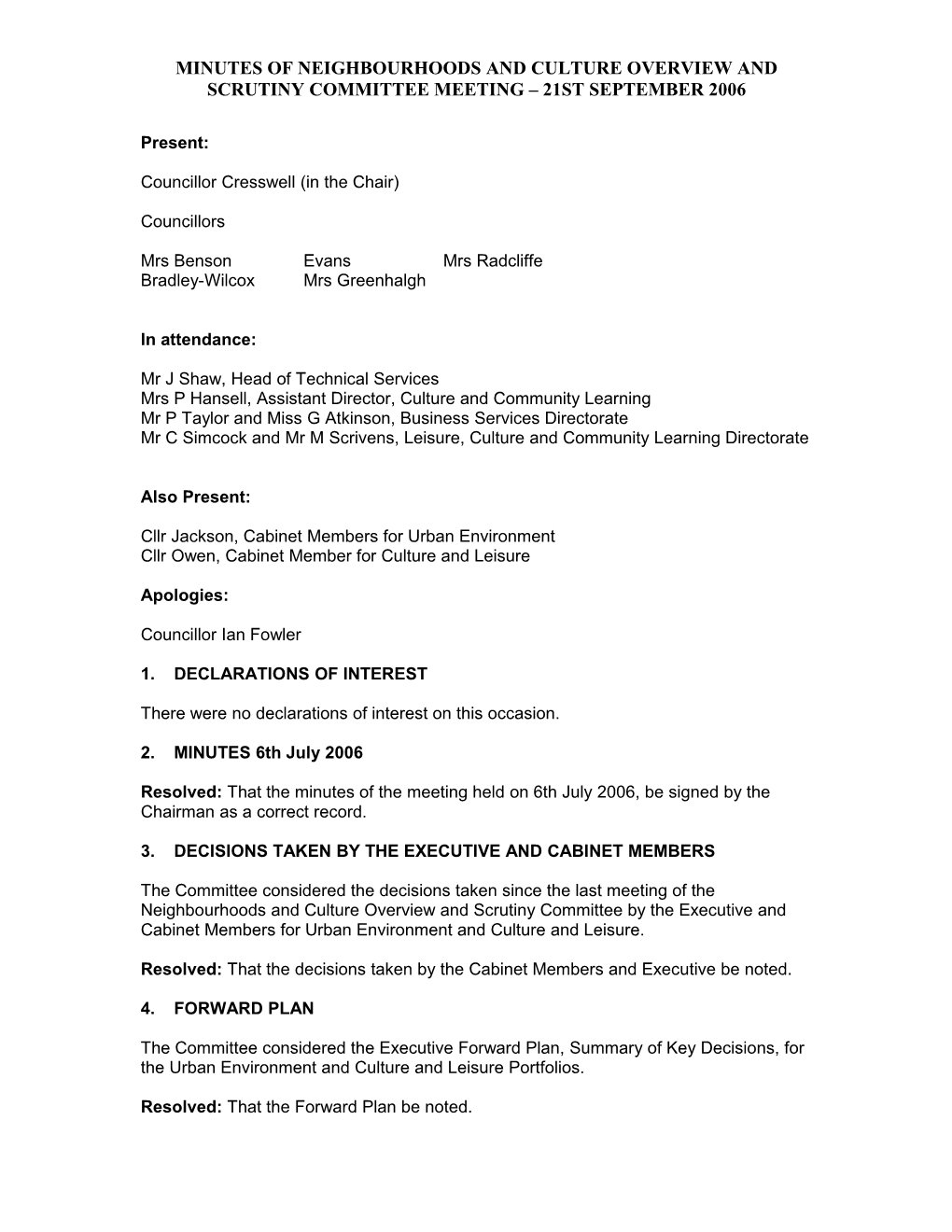 Minutes of Neighbourhoods and Culture Overview and Scrutiny Committee Meeting 21St September