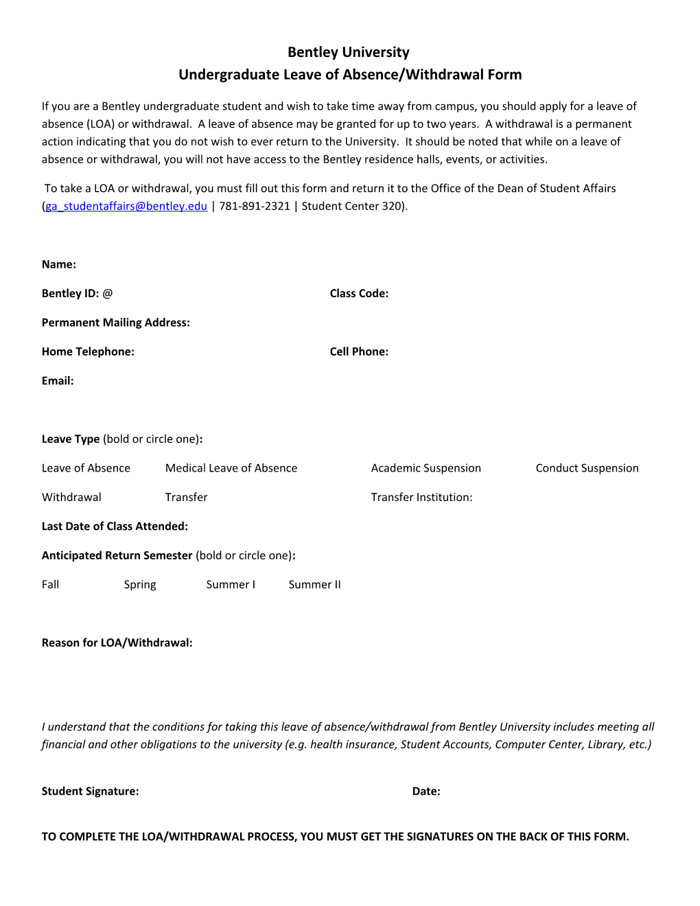 Bentley University Undergraduate Leave of Absence/Withdrawal Form