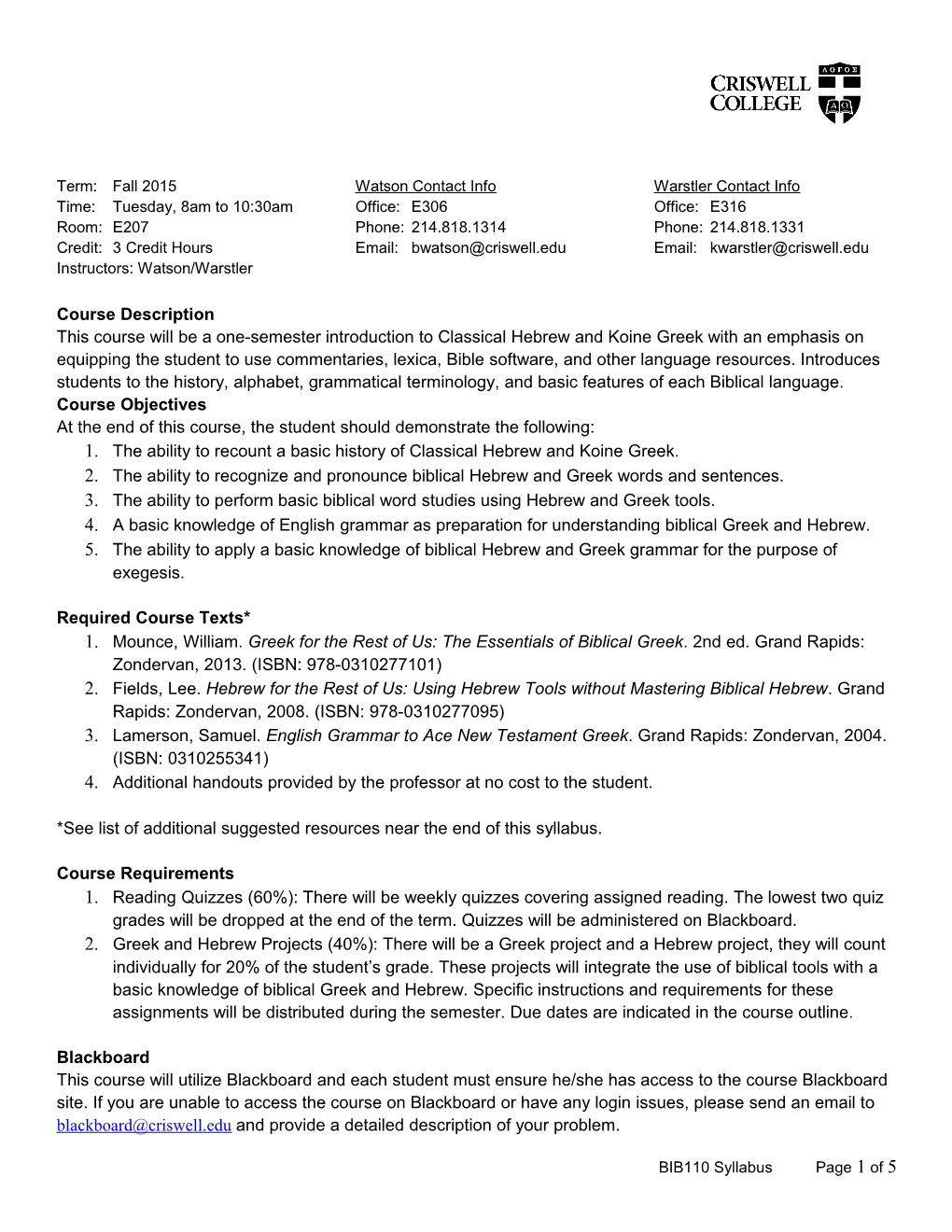 BIB110 Syllabus Page 1 of 5