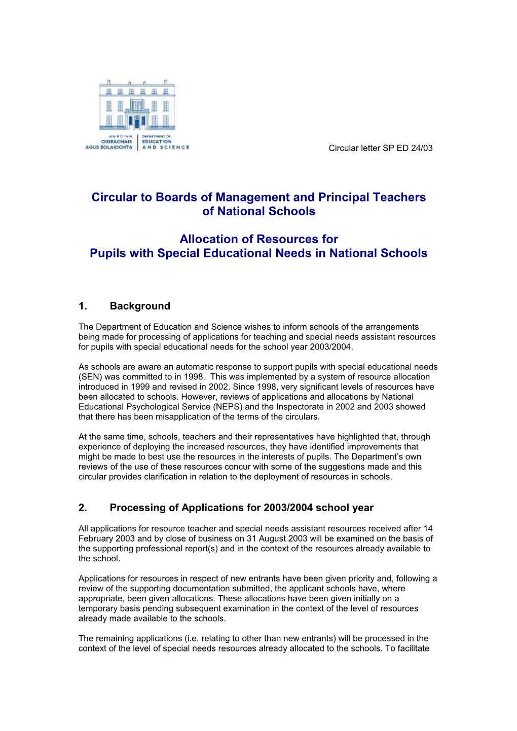 Allocation of Resources for Pupils with Special Educational Needs in National Schools (File