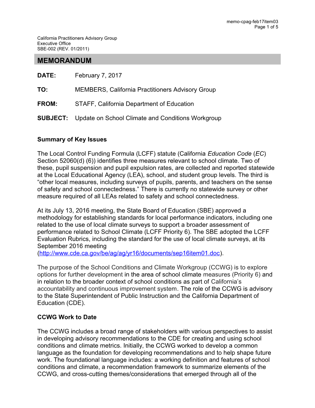 February 2017 Memorandum CPAG Item 03 - Information Memorandum (CA State Board of Education)