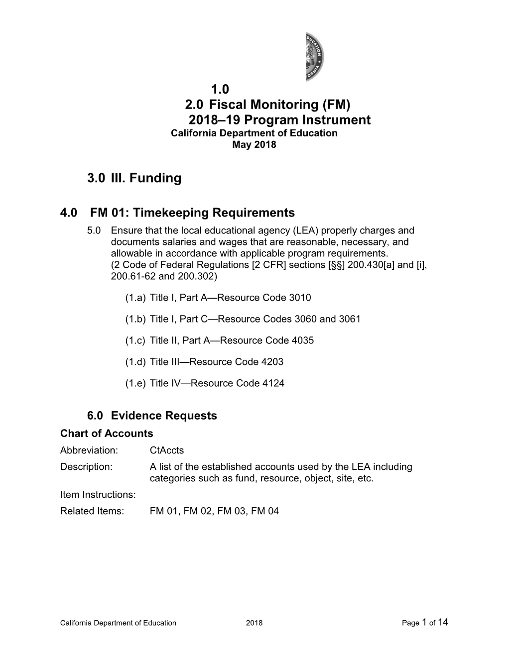 FM Program Instrument - Compliance Monitoring (CA Dept of Education)