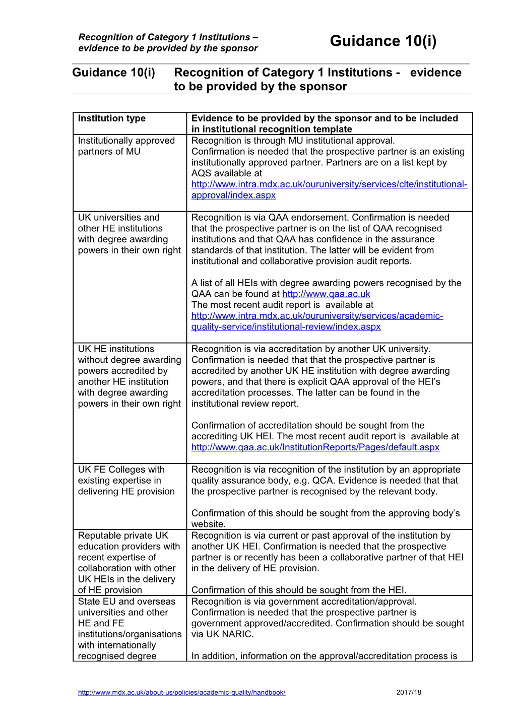 Guidance 10(I)Recognition of Category 1 Institutions - Evidence to Be Provided by the Sponsor