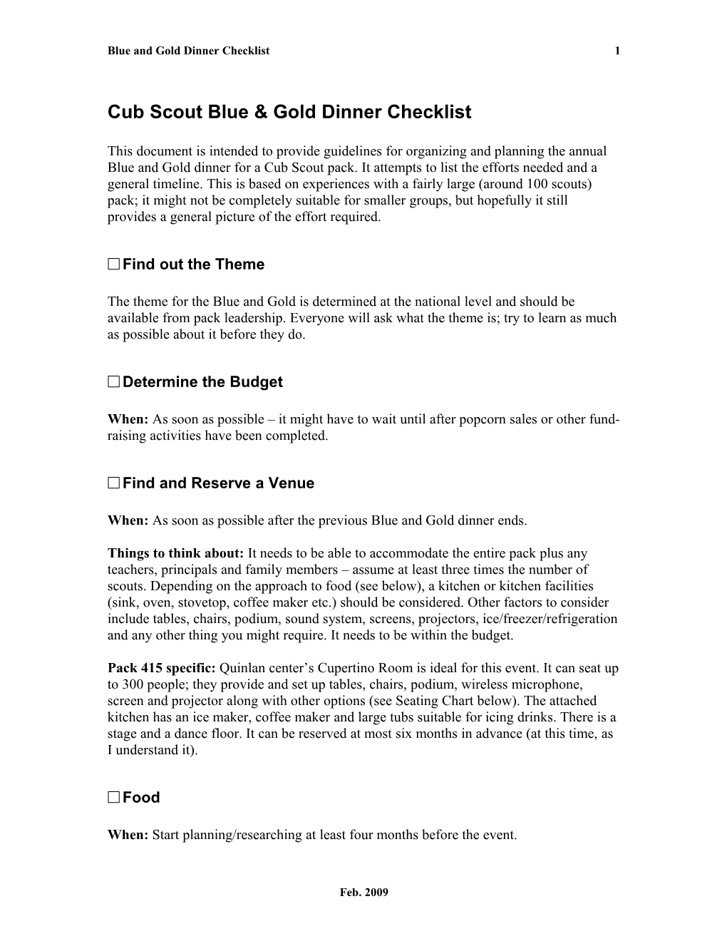 Cub Scout Blue & Gold Dinner Checklist