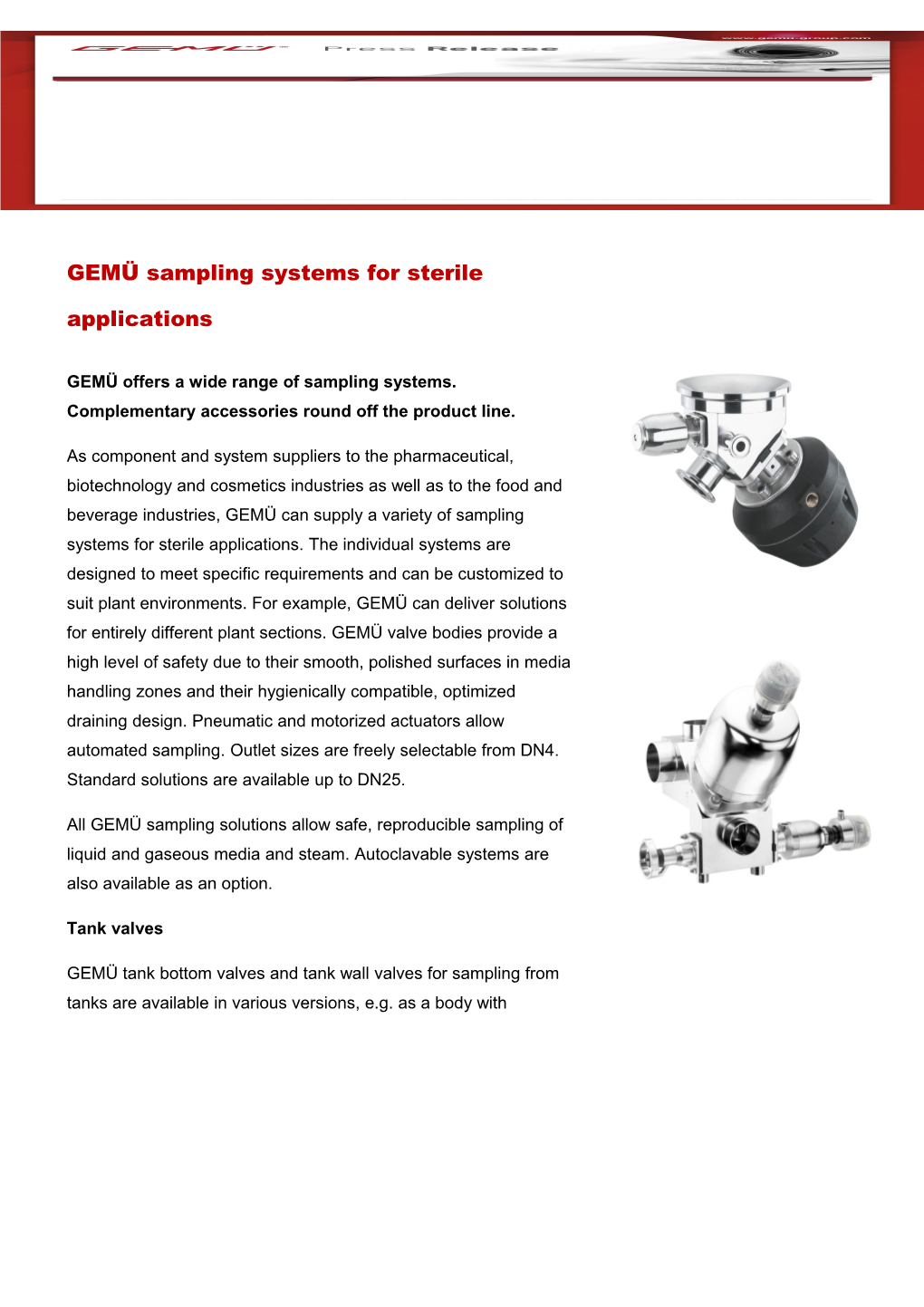 GEMÜ Offers a Wide Range of Sampling Systems. Complementary Accessories Round Off The