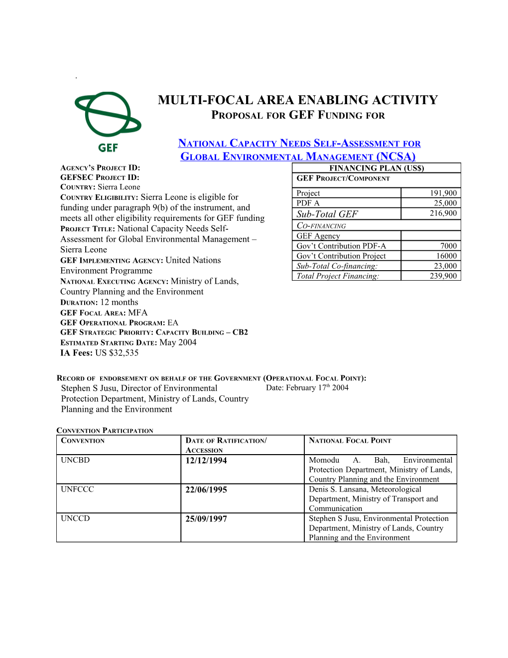 Eproposal for GEF Funding