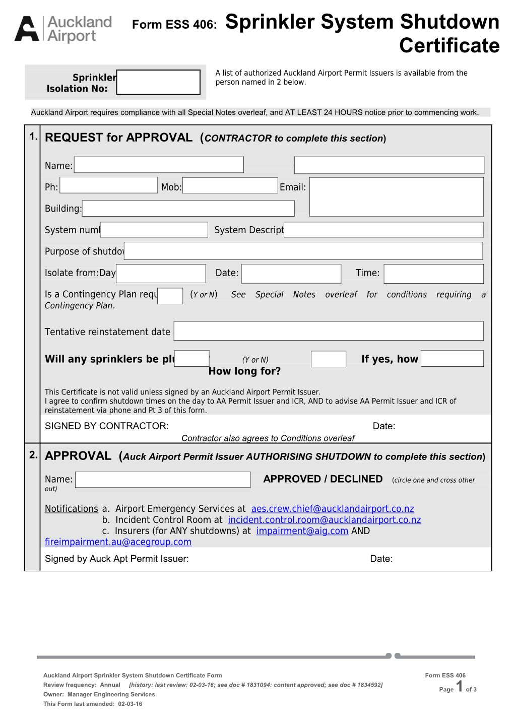 Sprinkler System Shutdown Form