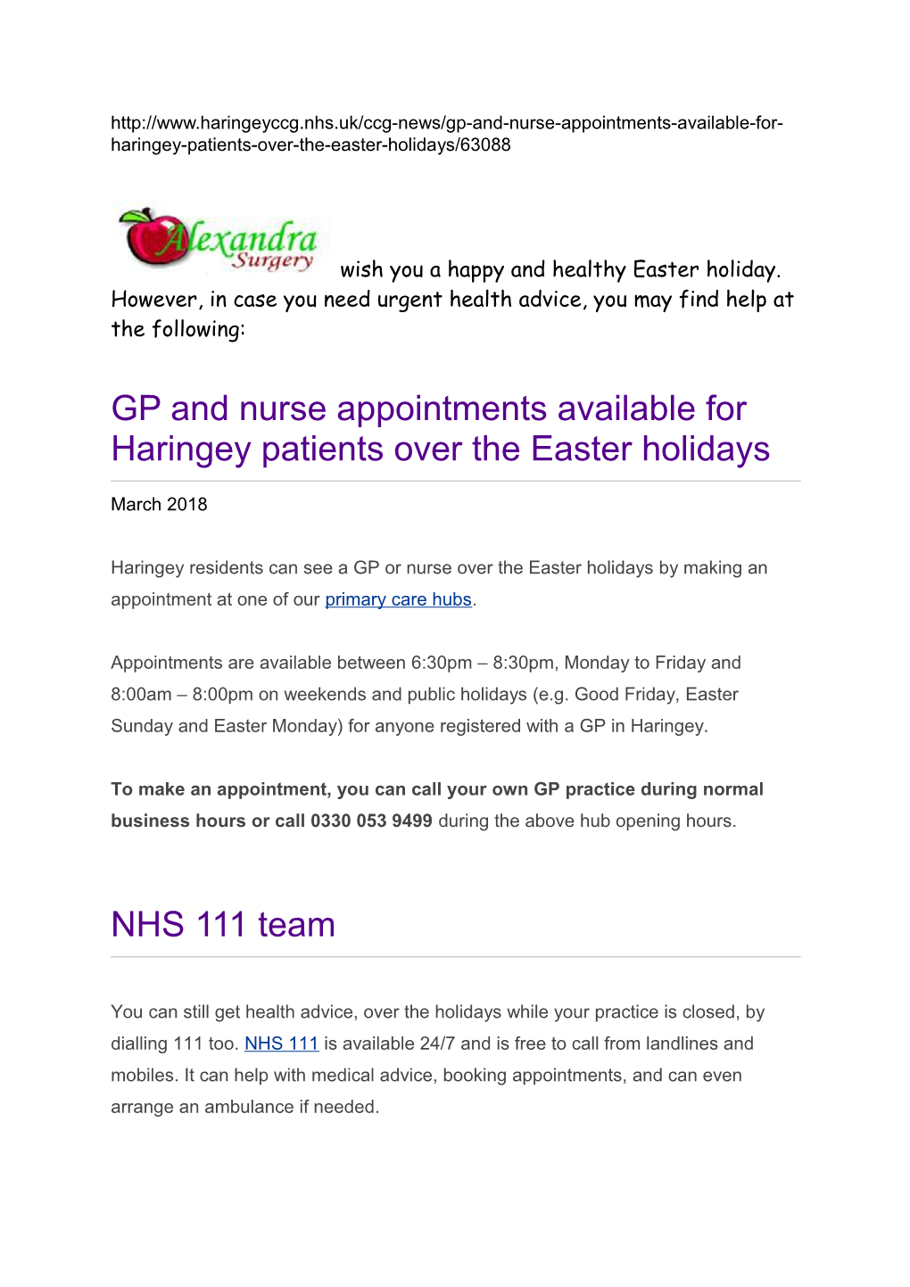GP and Nurse Appointments Available for Haringey Patients Over the Easter Holidays
