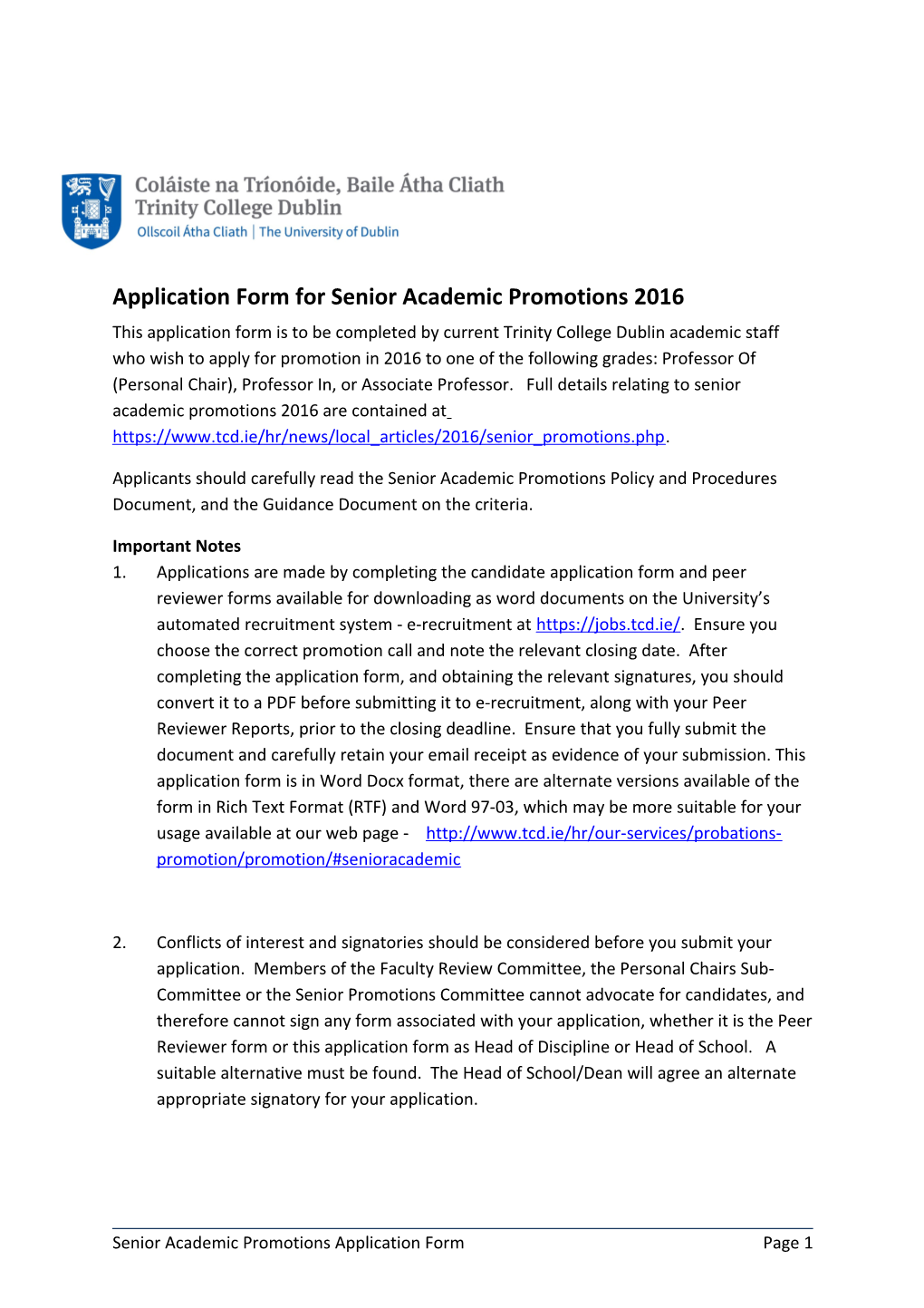 Application Form for Senior Academic Promotions 2016
