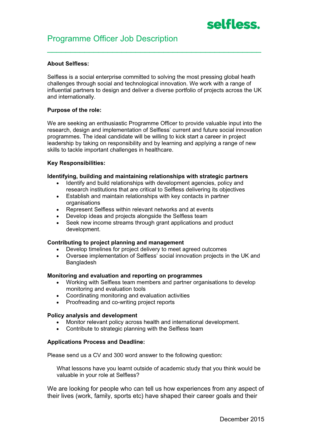 Programme Officer Job Description