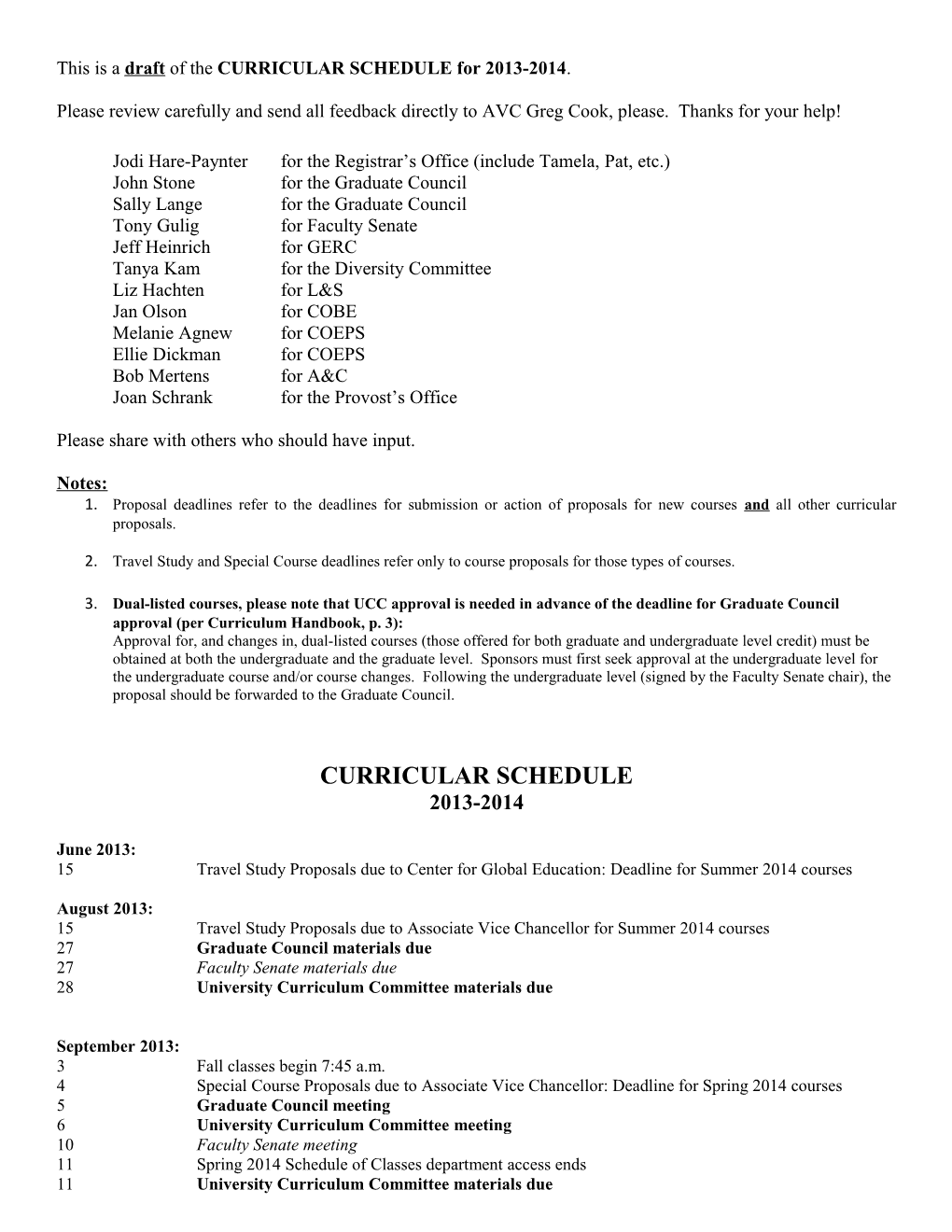 This Is a Draft of the CURRICULAR SCHEDULE for 2013-2014