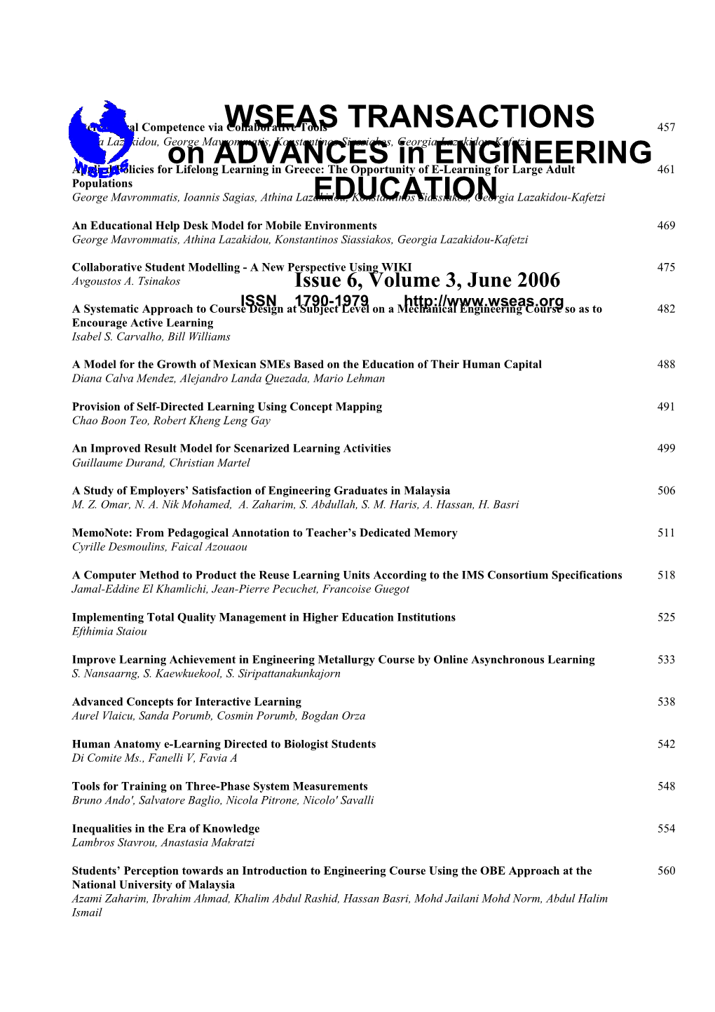 WSEAS Trans. on ADVANCES in ENGINEERING EDUCATION, June 2006