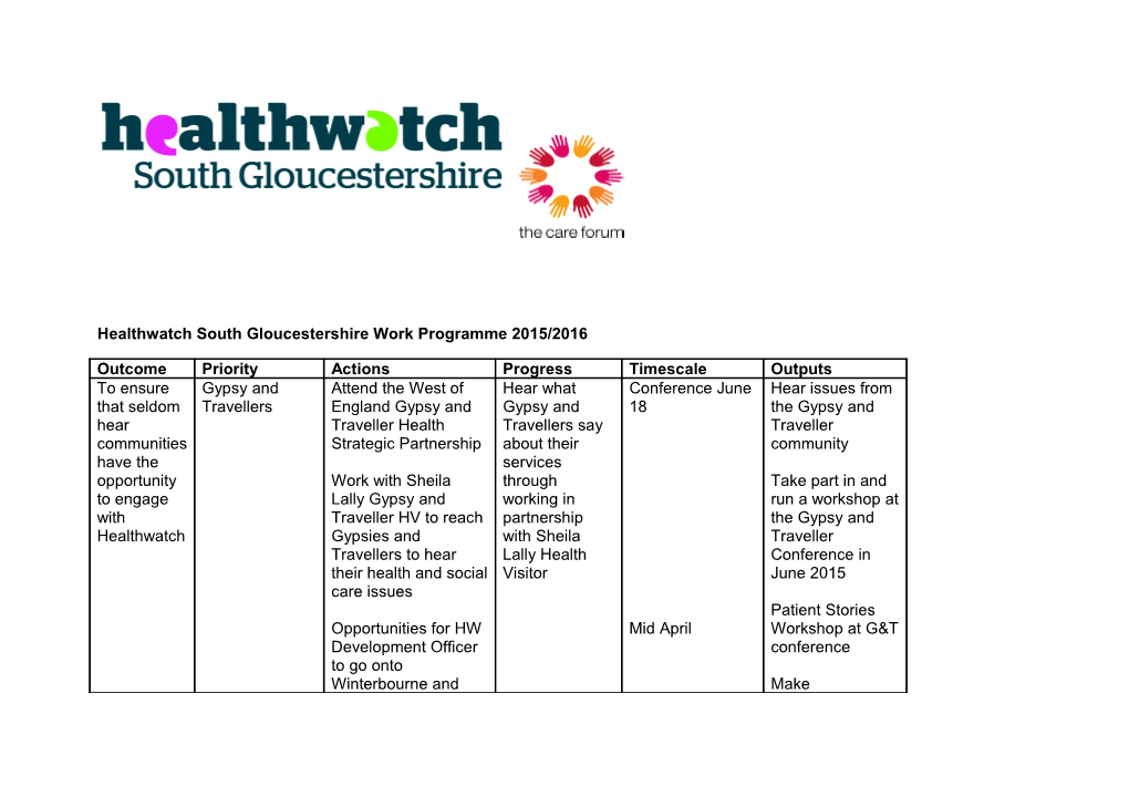 Healthwatch South Gloucestershire Work Programme 2015/2016