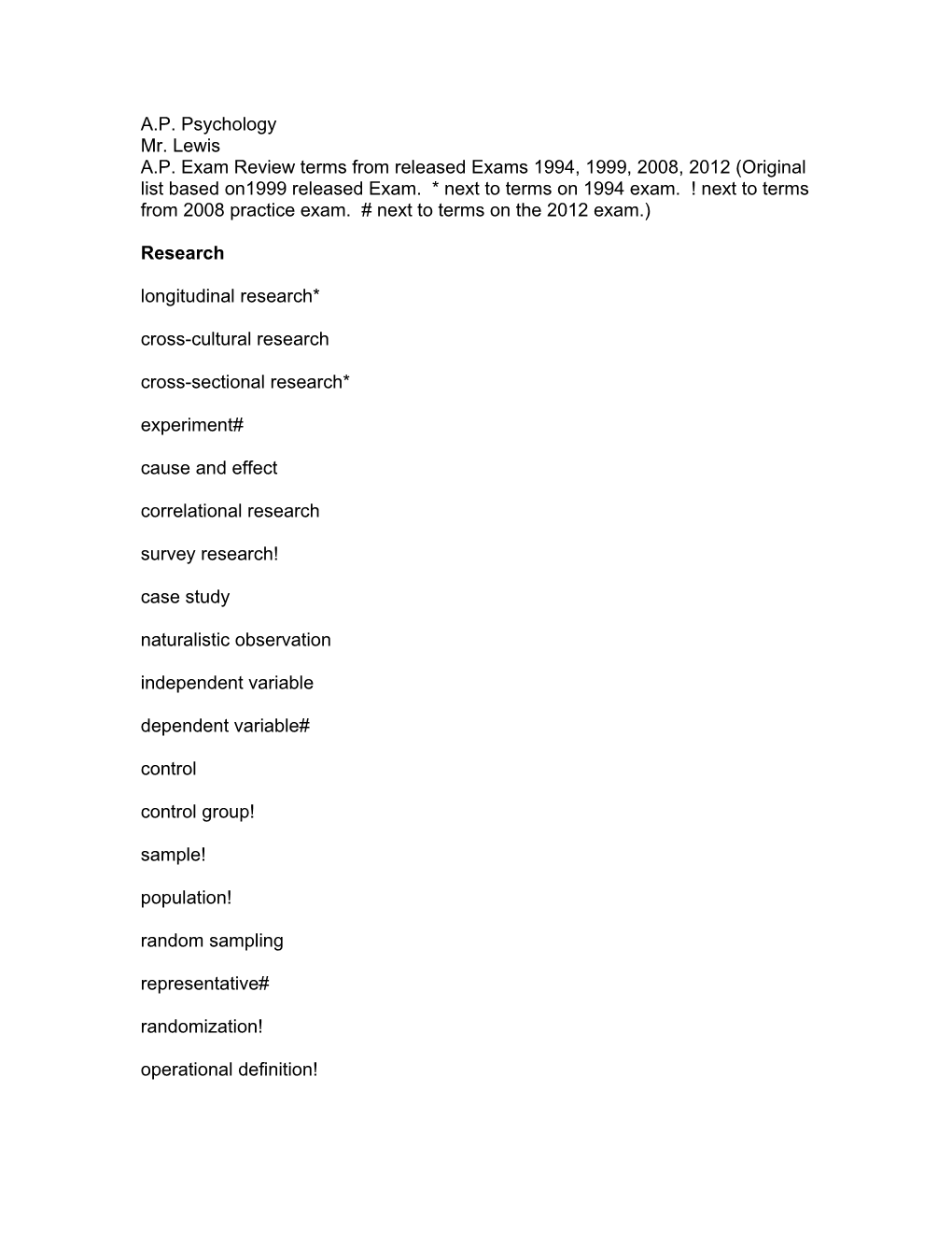 A.P. Exam Review Terms from Released Exams 1994, 1999, 2008, 2012 (Original List Based