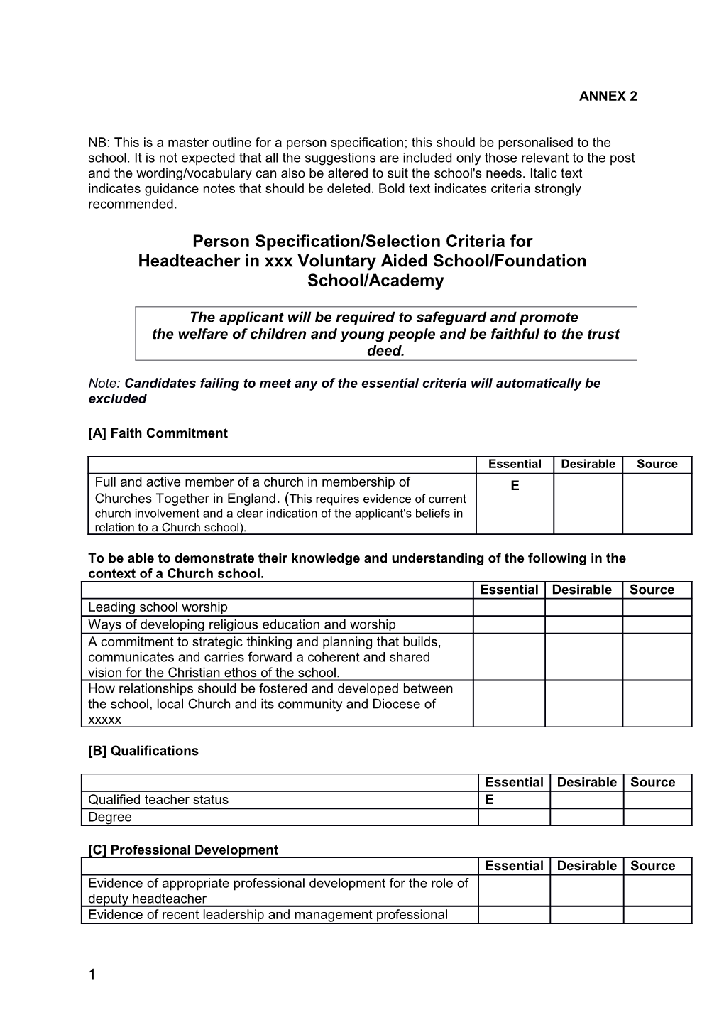 Person Specification/Selection Criteria For