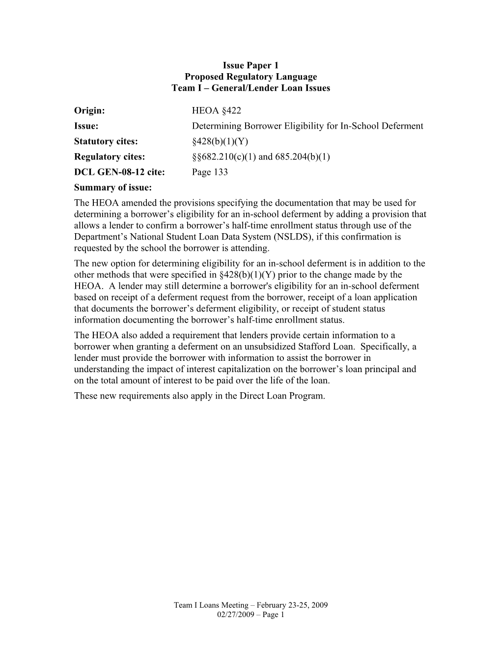 2009 Negotiated Rulemaking for Higher Education Team I Loans - Proposed Regulatory Language