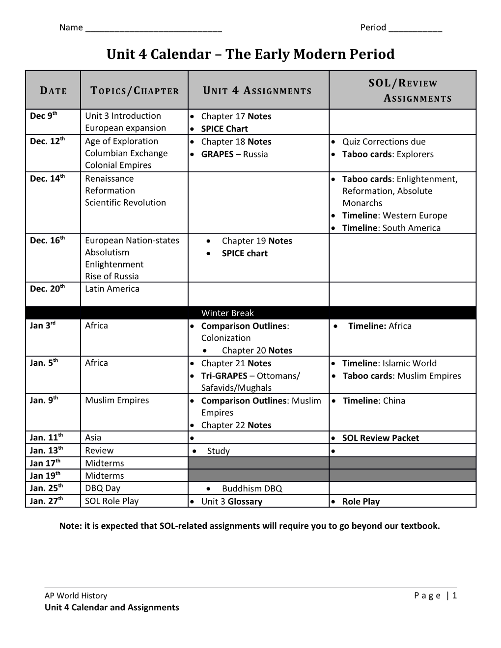 Unit 4 Calendar the Early Modern Period