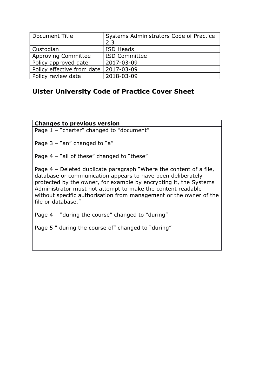 Ulster University Code of Practice Cover Sheet