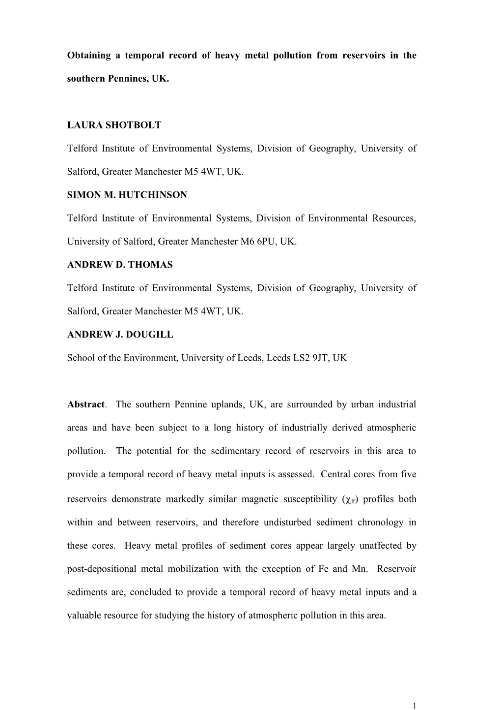 Obtaining a Temporal Record of Heavy Metal Pollution from Reservoirs in the Southern Pennines