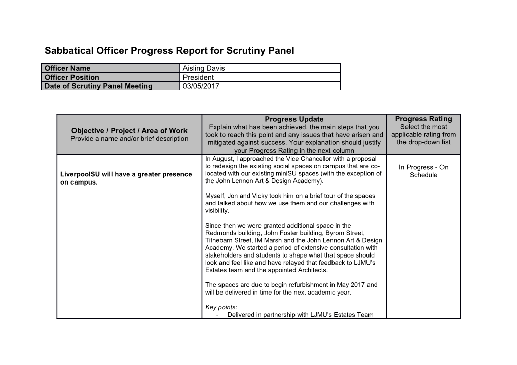 Sabbatical Officer Progress Report for Scrutiny Panel