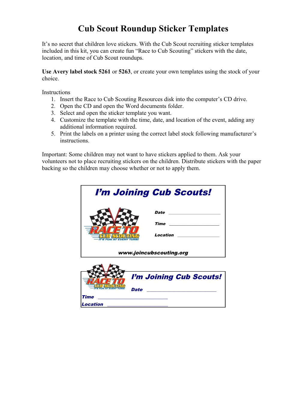 Cub Scout Round-Up Stickers