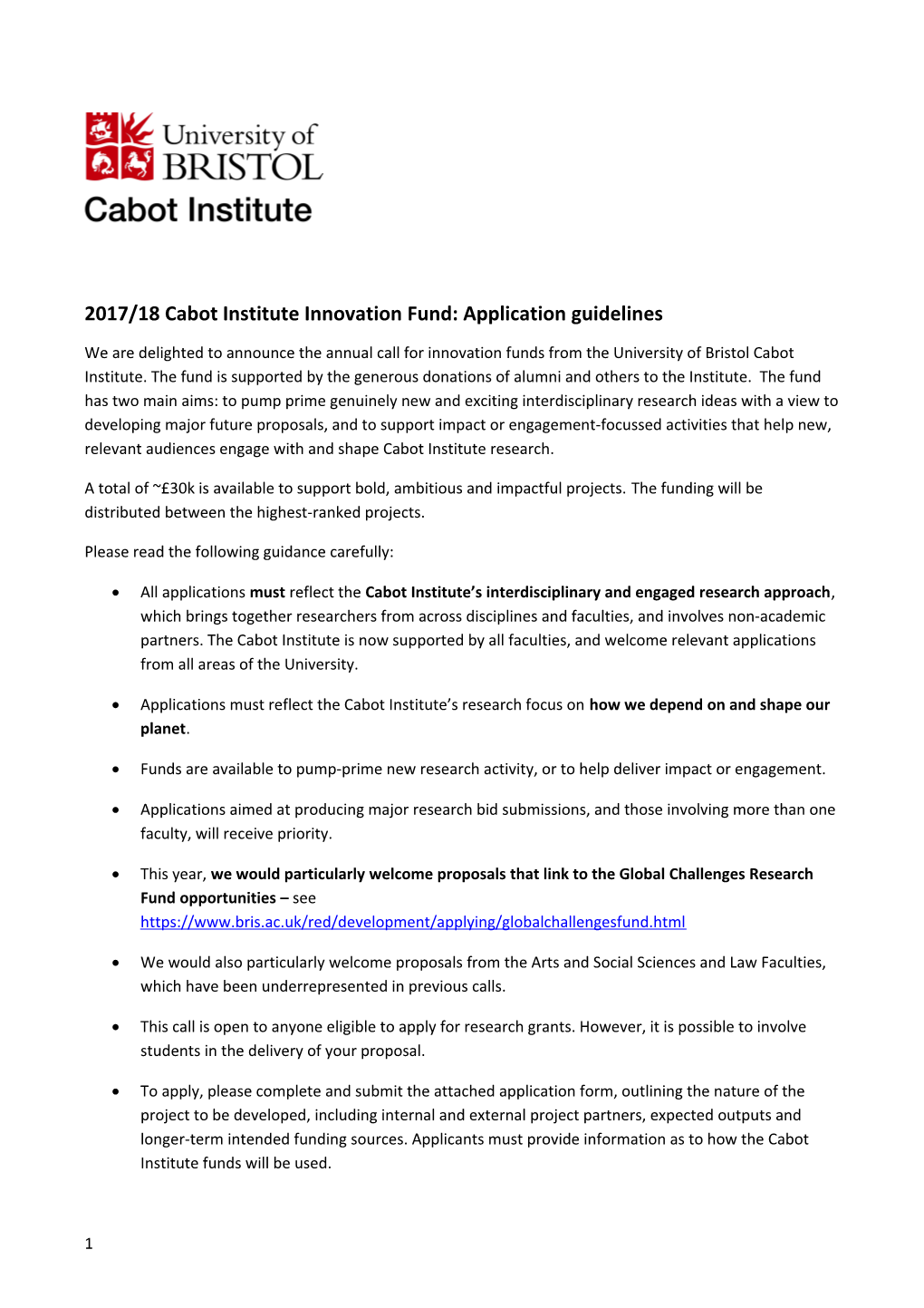 2017/18Cabot Institute Innovation Fund: Application Guidelines