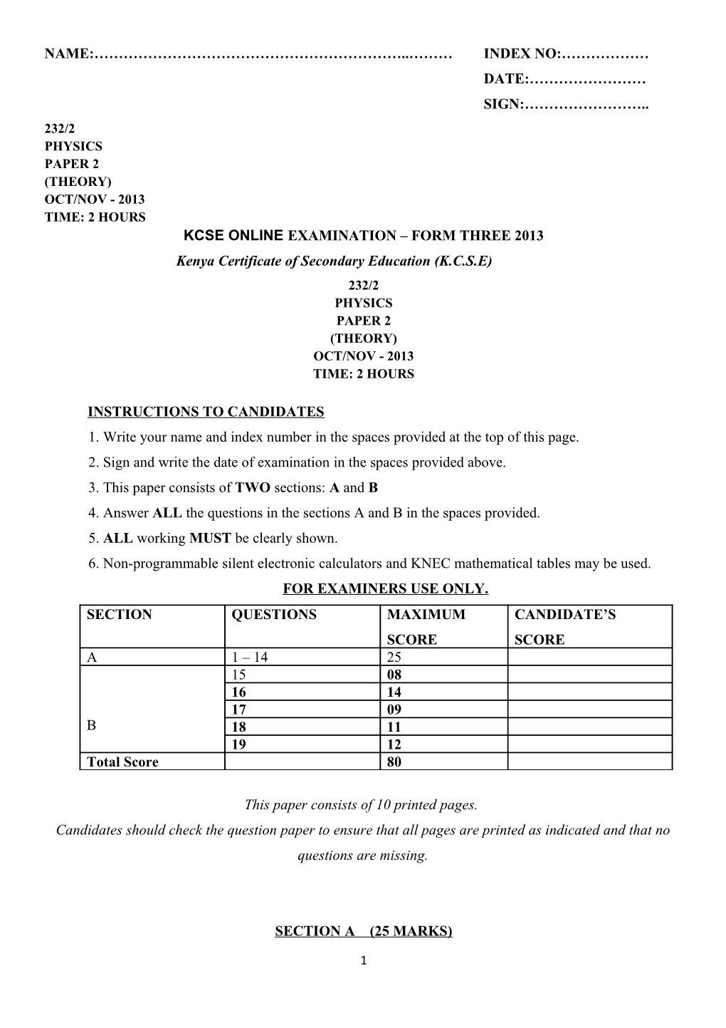 Kcse Online Examination Form Three 2013