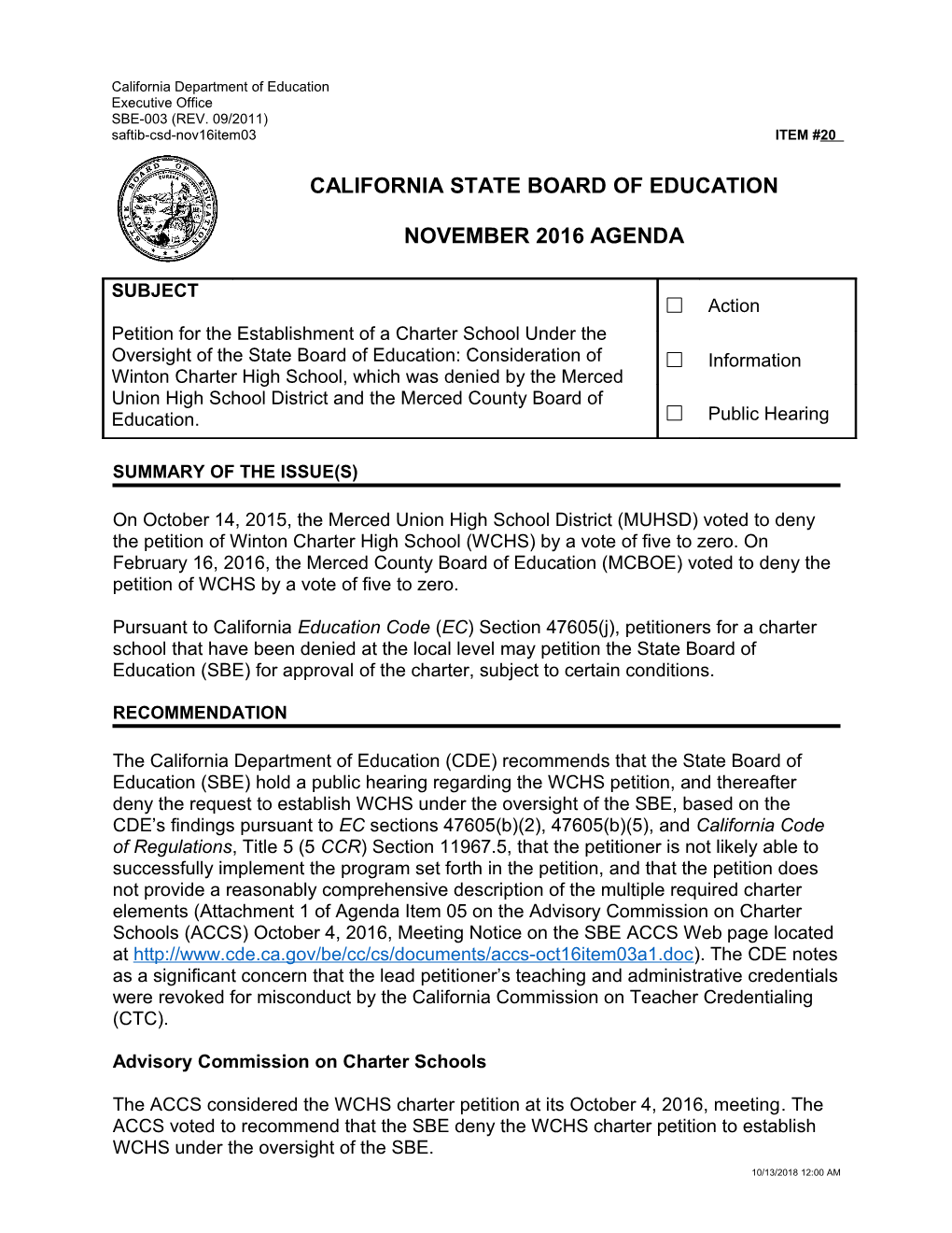 November 2016 Agenda Item 20 - Meeting Agendas (CA State Board of Education)