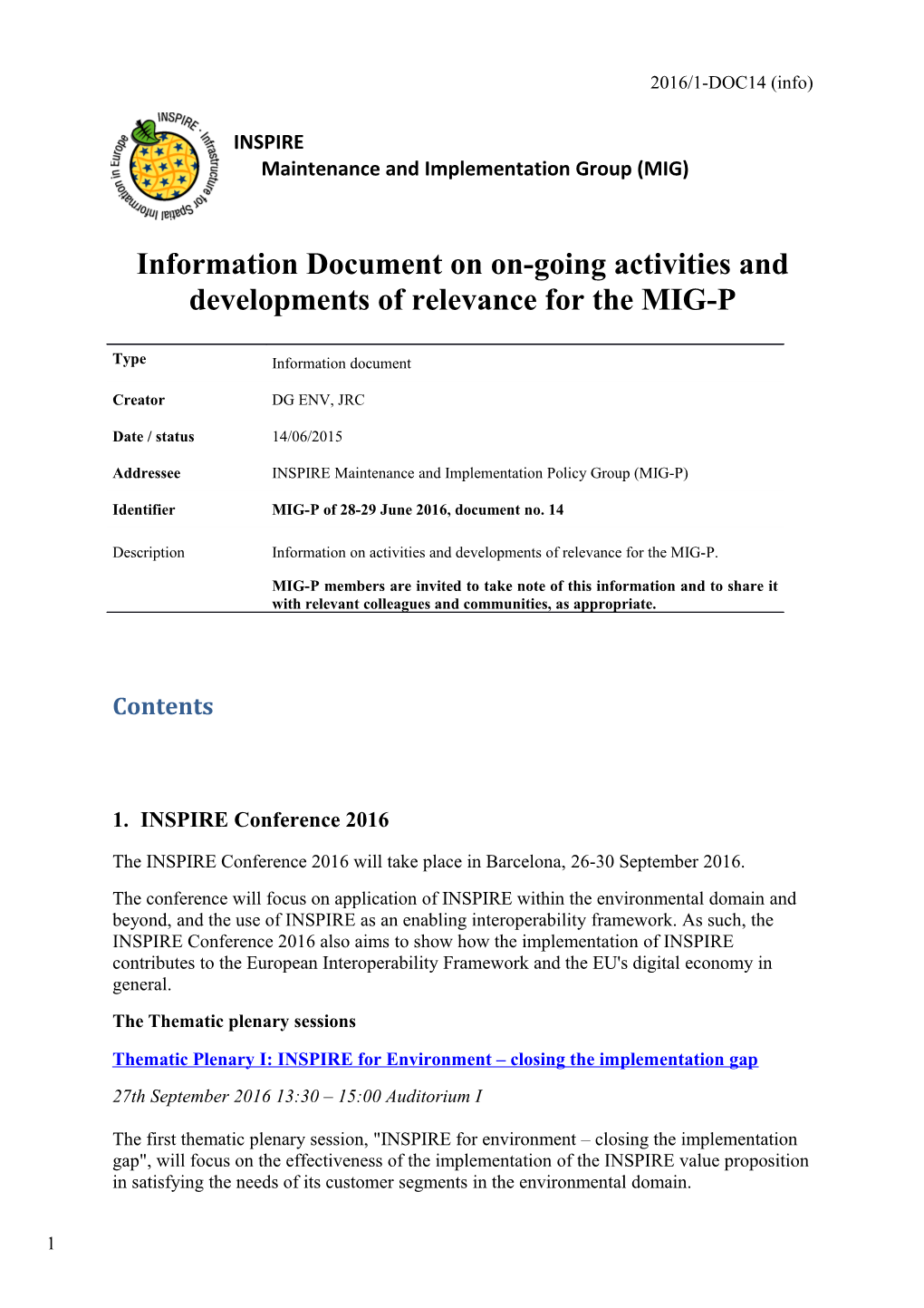 Information Document on On-Going Activities and Developments of Relevance for the MIG-P