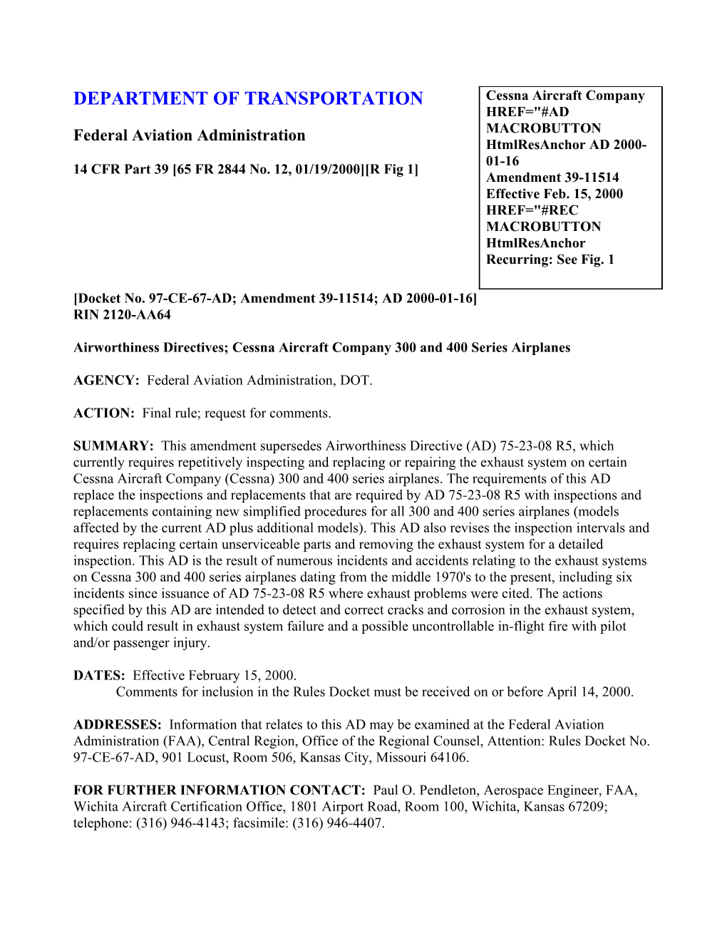 Federal Register: January 19, 2000 (Volume 65, Number 12)