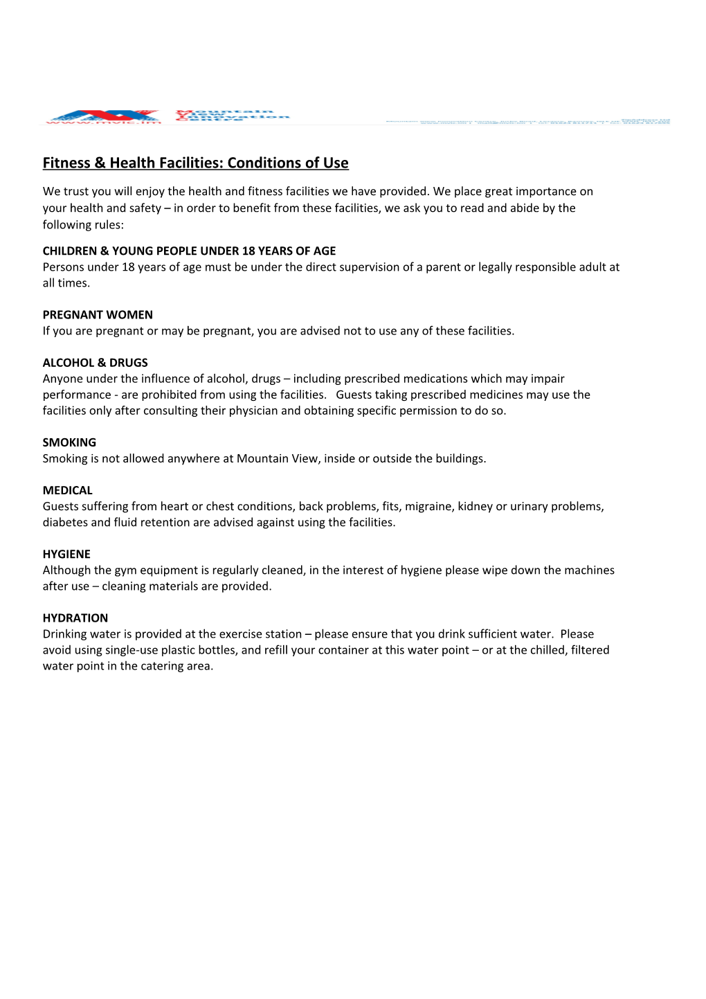 Fitness & Health Facilities: Conditions of Use