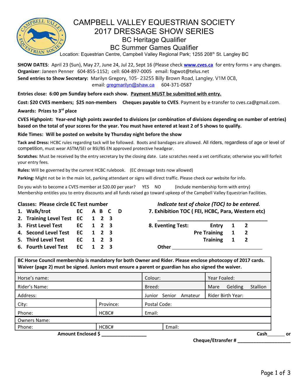 CVES Dressage Show Entry Form