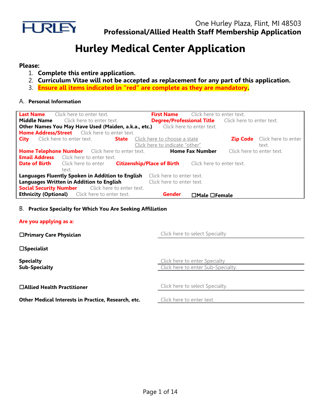 Professional/Allied Health Staff Membership Application