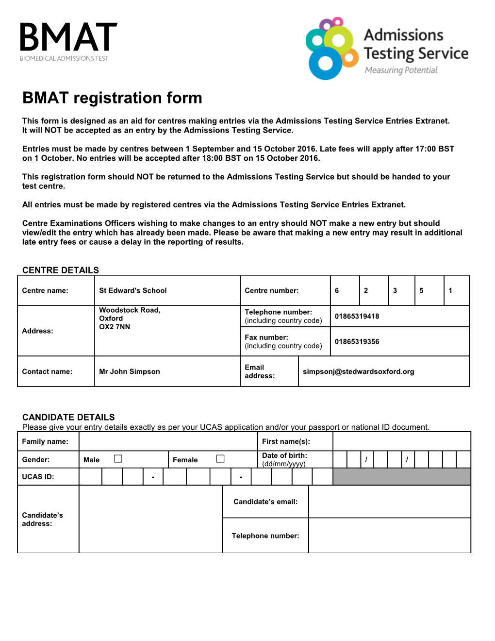 BMAT EU Registration Form - Sterling