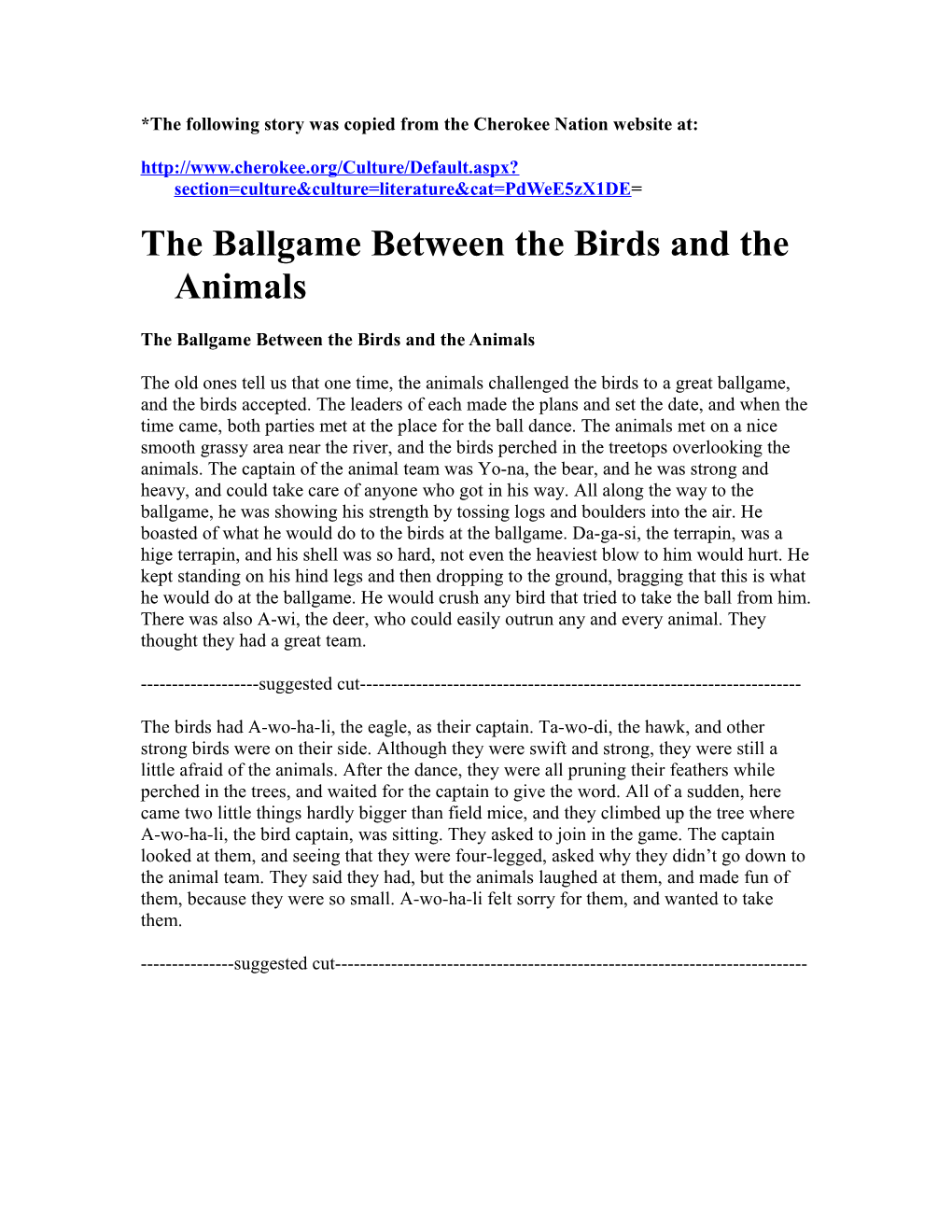 The Ballgame Between the Birds and the Animals