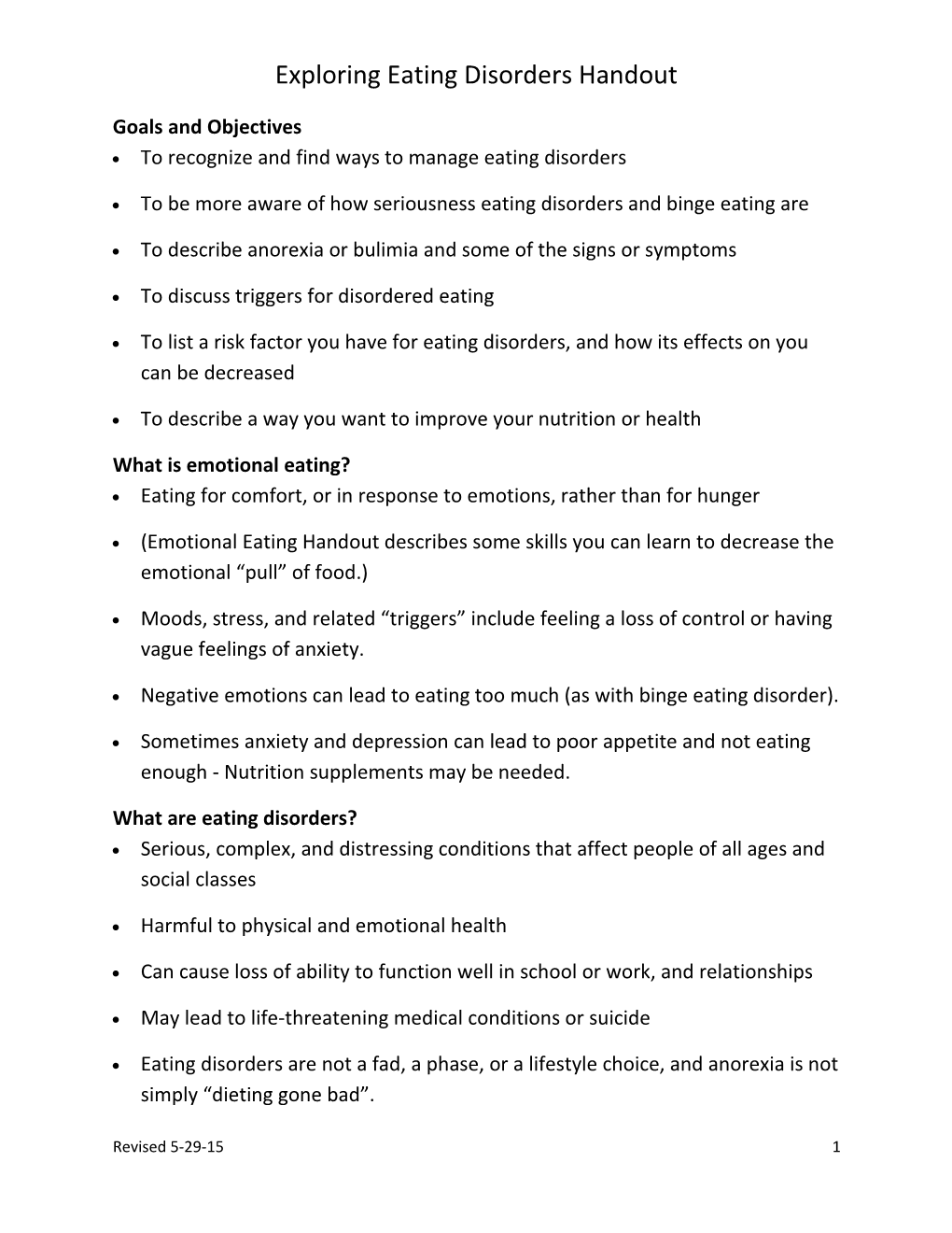 Exploring Eating Disorders Handout