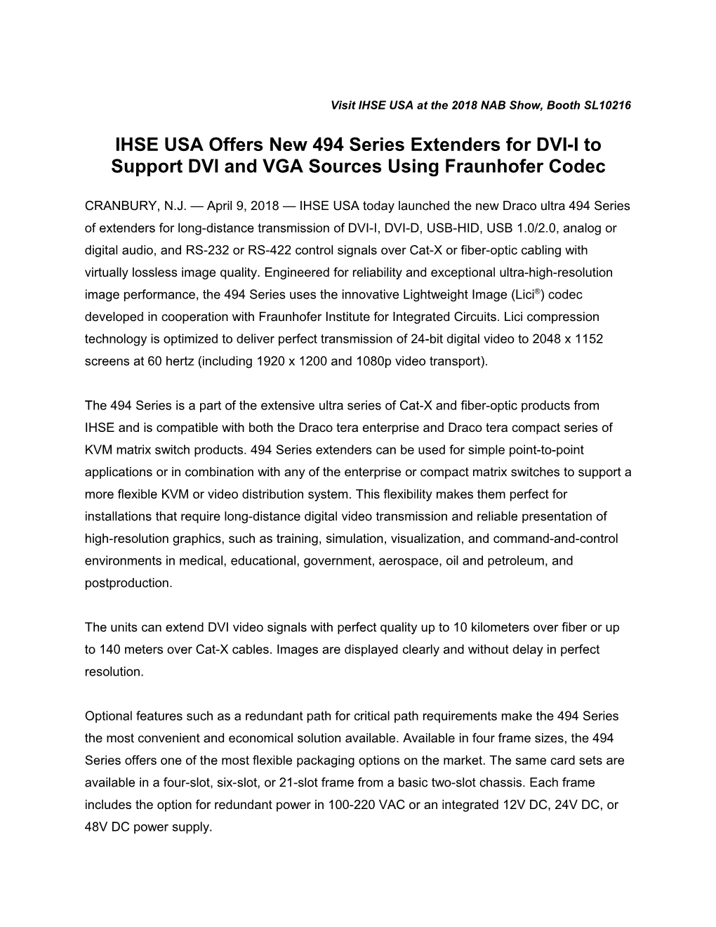 IHSE USA Press Release
